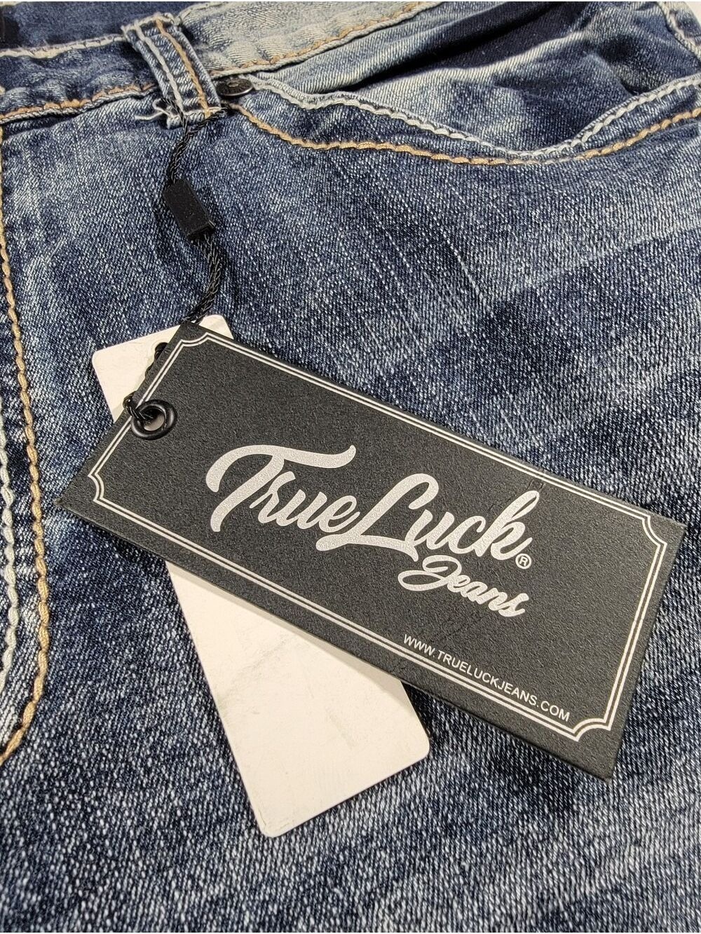 NEW True Luck Jeans Mens 38x32 Blue Stretch Straight Slim Denim NWT - Picture 2 of 11
